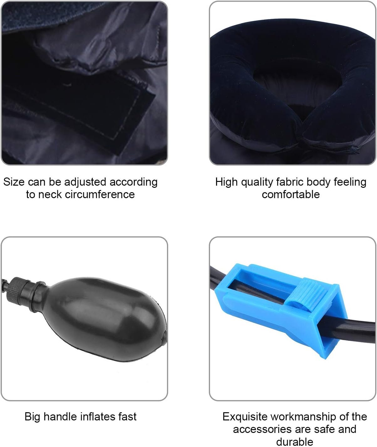 صورة ترويجية تحتوي على 4 مربعات تشرح المميزات: إمكانية تعديل القياس حسب حجم الرقبة، جودة القماش والملمس المريح، المضخة اليدوية الكبيرة للنفخ السريع، متانة الملحقات